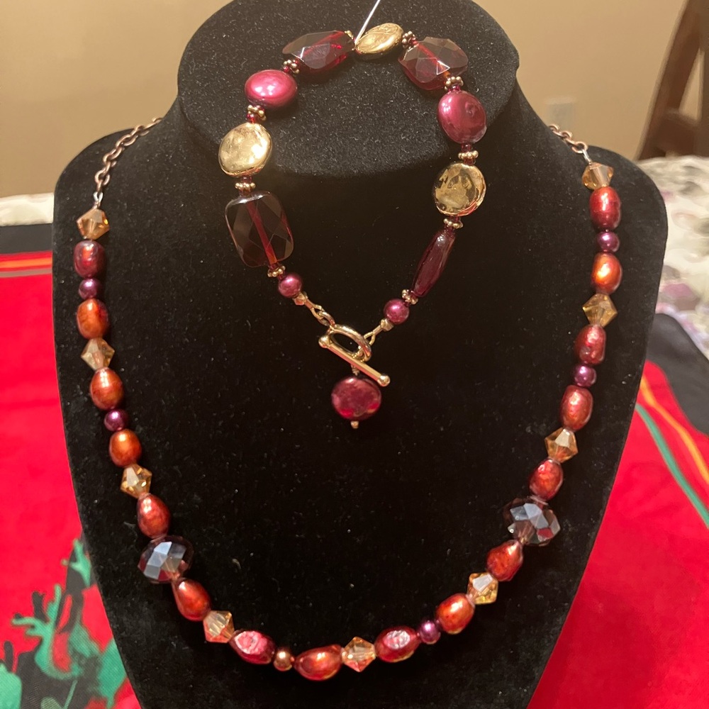 AUTHENTIC PEARLS, COIN PEARLS AND AB CRYSTALS 19” NECKLACE AND BRACELET SET